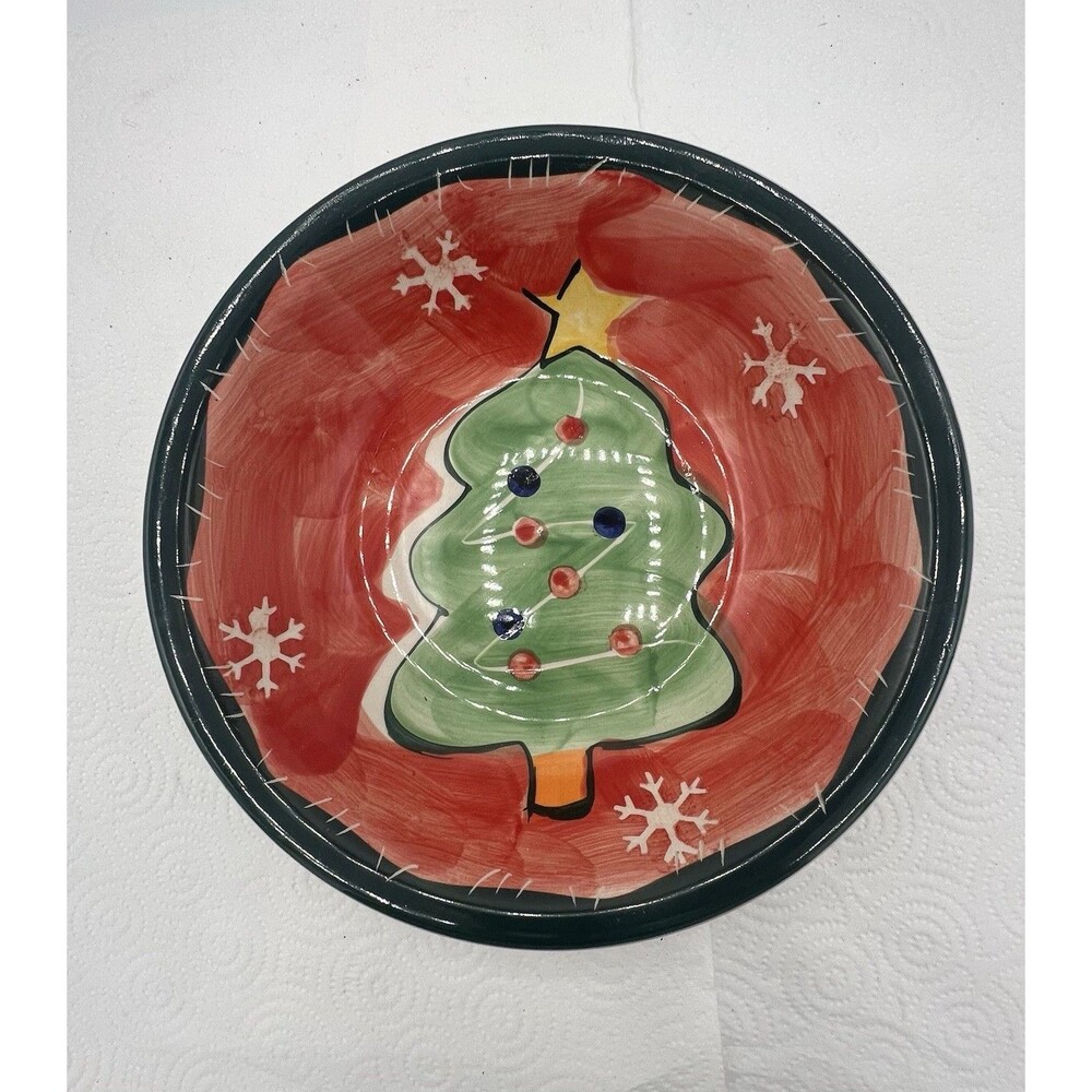 Studio 33 Red & Green 8.5" Soup Bowl Christmas Tree & Ornaments Hand Painted